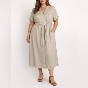 Alex Marie Women's Size 16 Khaki Tan Belt Utility Dress‎ Pockets Linen Blend